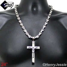 18"-40"MEN Stainless Steel 8mm Silver Interlock Chain Necklace Cross Pendant*BJ1