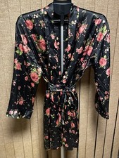 VICTORIA'S SECRET BLACK ROSE SATIN ROBE KIMONO