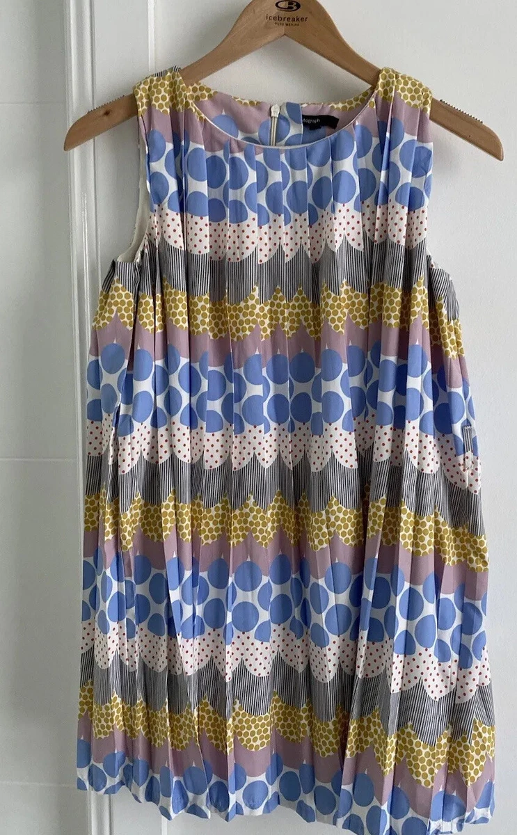 Girls M&S Autograph Size 10-11 Dress Blue Yellow White Pattern Pleated Sleeveles