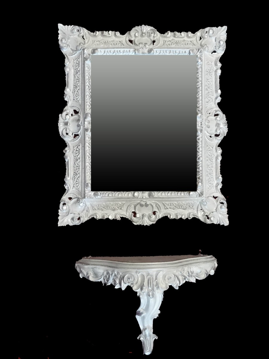 Set Déco Baroque : Miroir Mural + Console Étagère Argent Vieilli - 44x38cm - Style Rococo Italien