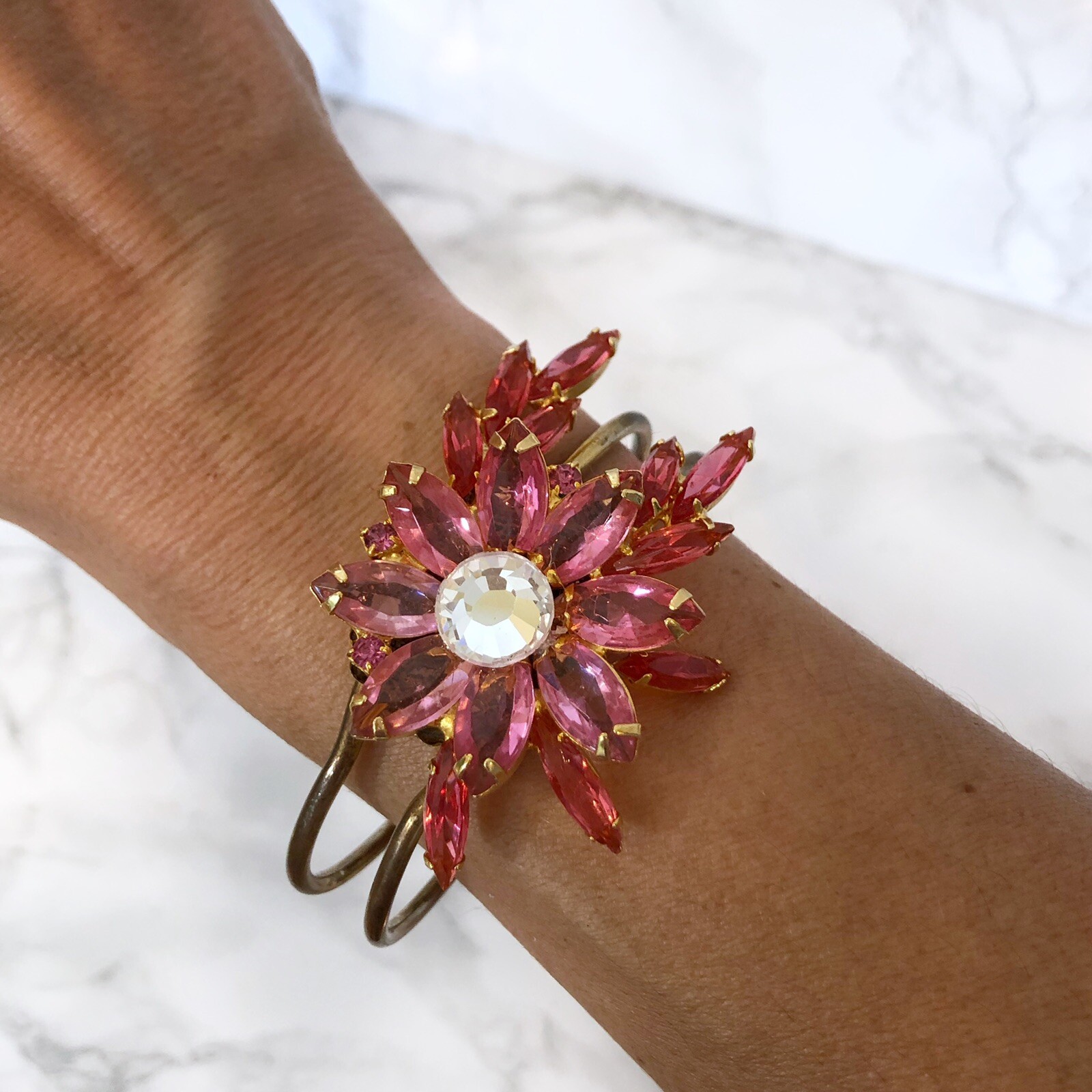 Floral Cuff Bracelet Spring Hinged Rhinestone Flo… - image 1