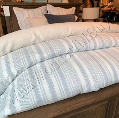 Pottery Barn Hawthorn Stripe Duvet Cover Set Blue Queen 2 Standard