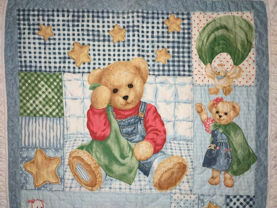 Oso de peluche Jean azul hecho a mano manta para cuna de bebé edredón niña niño estrellas 34x44 blanco Foto 2 de 4