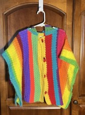 Handmade Poncho Shawl Girl 5/6 Soft Rainbow Stripes Crochet Boho Hood Button