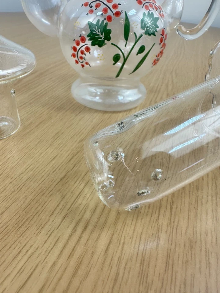 VTG Art Deco Glass Clear Painted 3 pc Set Retro Teapot Kettle Blue Chicken Top Foto 4 de 4