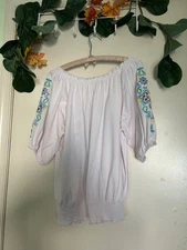 Boho Peasant Blouse White Embroidered Floral Top Festival Gypsy Style Puff Sleev