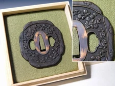 Mino School Chrysanthemums Design Kinko Shakudo 鍔 Tsuba Edo original antique