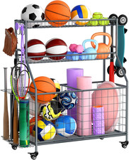 Sports Equipment Garage Organizer - Garage Ball Storage Rack with Basket, Hooks