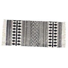 Boho Cotton Tassel Rug Black Cream Laundry Room Carpet