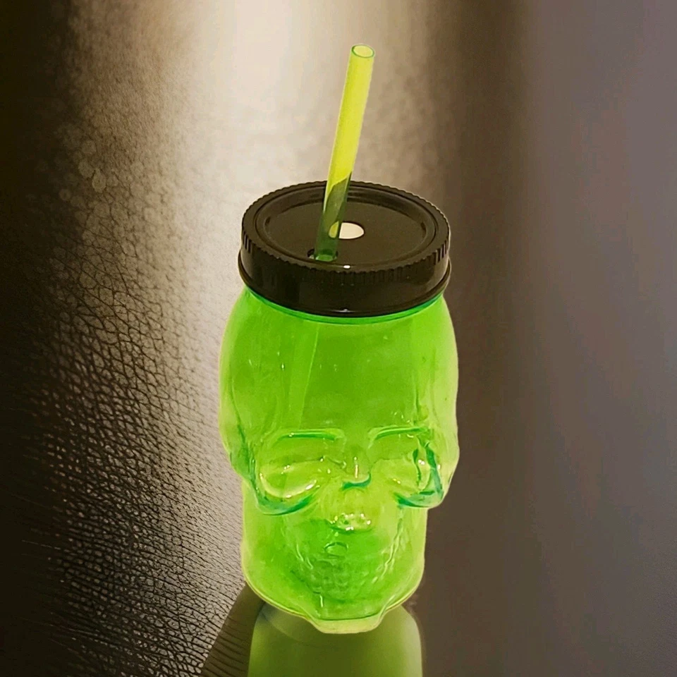 Gothic Punk Skulls Lot Silver Snack Bowl 7"×6" & Green Skull Tumbler With Straw  - Image 3 of 3