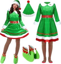 6 Pk Women's Velvet Elf Costume Dress Santa Helper Hat Shoes Outfit