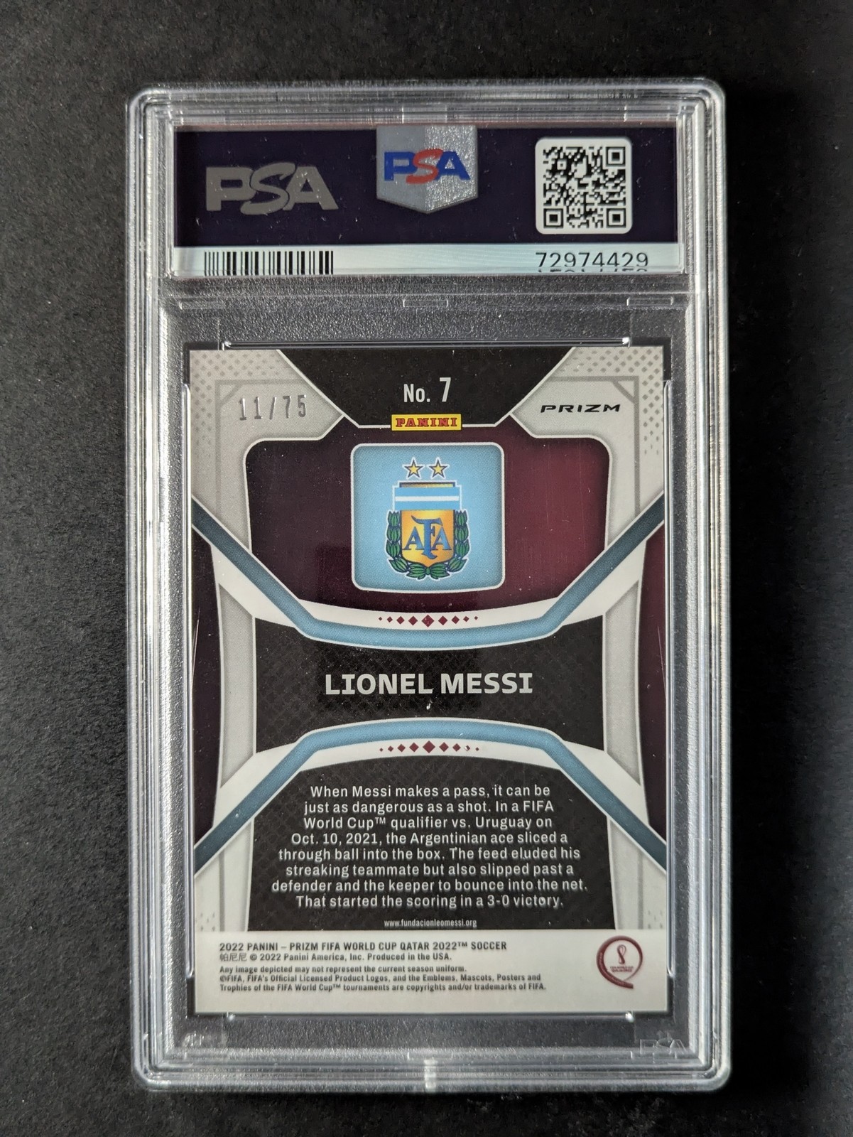2022 Panini Prizm W/C Qatar LIONEL MESSI 11/75 Blue Mojo PSA 9 POP 12, 8 Higher view 2
