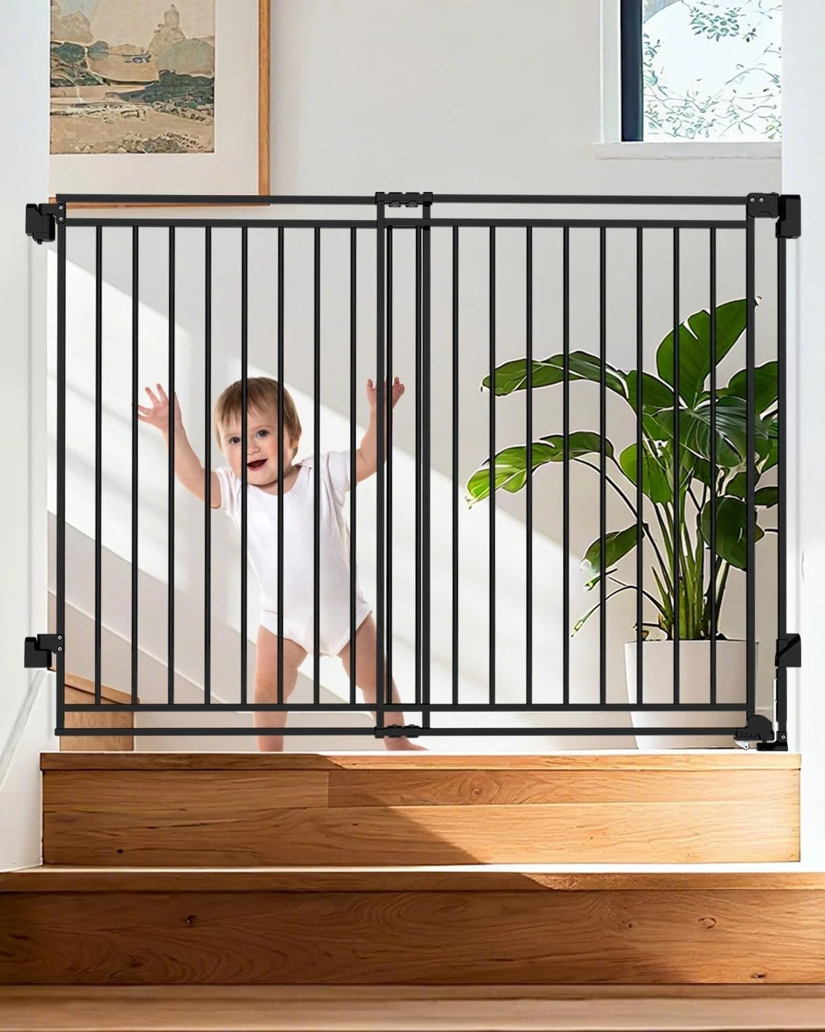 39" Extra Tall 34-53" wide No Bottom Bar Baby Gate for Stairs, Auto Close