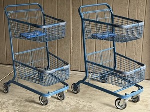 Lot Of (3) Medium Size Blue Painted Steel 2-Basket Shopping Carts LOCAL P-U ONLY