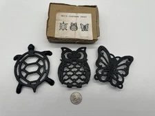 Lot 3 OWL BUTTERFLY TURTLE Trivet Coaster Black Cast Iron Metal Rustic Pot Rest