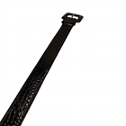 Black leather women's belt with intricate embossed alligator skin pattern, double buckle, and gold-tone hardware.