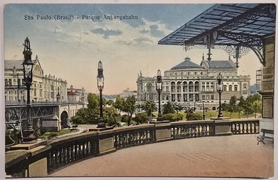 1928 Sao Paulo Brazil Postcard Parque Anhangabau Municipal Theatre Litho EDANEE