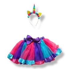 Girls Rainbow Unicorn Tutu Skirt  Headband Set Size 130 7-8 Costume