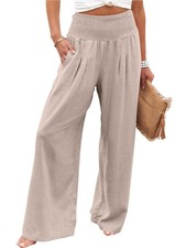 Women Linen Palazzo Pants Summer Boho Wide Leg High Waist Casual Lounge Pant ...