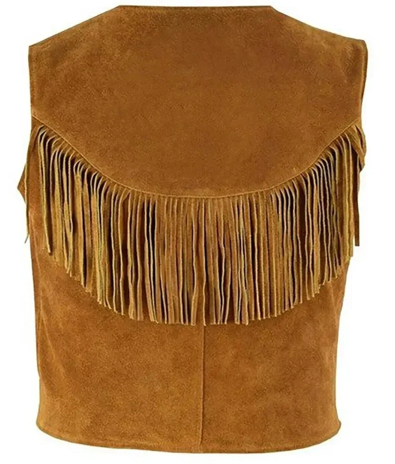 Men’s Tan Brown Fringes Western Cowboy V-Neck Suede Vest Real Suede Fringe Jacke - Image 3 of 4