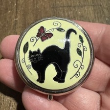 Rare HTF SEA GEMS Pill Box Black Cat Enamel 1.5” Diameter in EUC