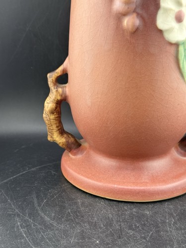 RAR ~ Roseville Apfelblüte Vintage Keramik Vase, Form 389-10, korallenrosa - Bild 4 von 16