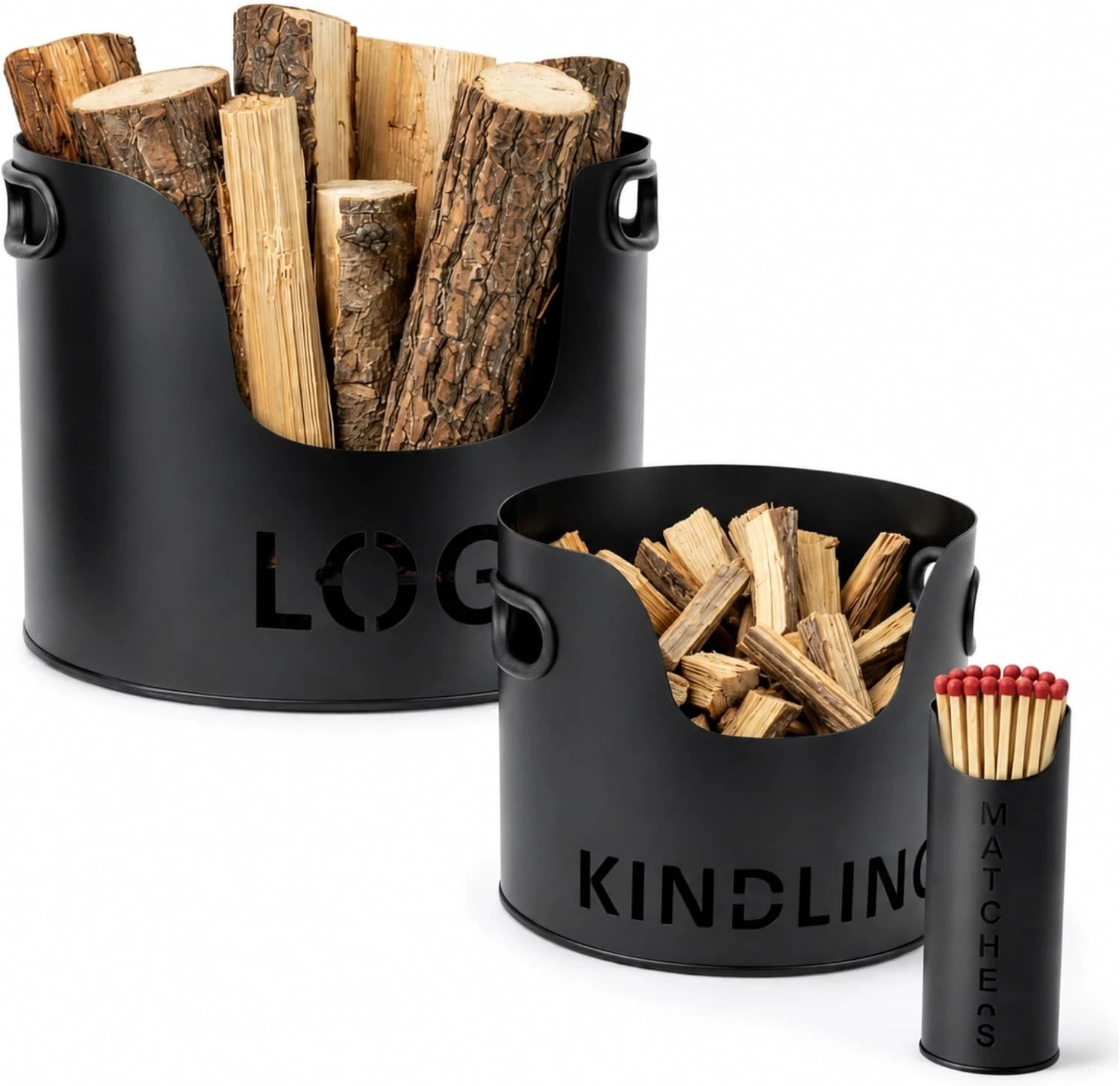 3PC Firewood Log Storage Bucket Set Kindling Match Holder Fireplace Accessories - Image 1
