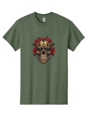 Sugar-Skull-With-Roses Mens Graphic Tee, 100% Cotton, Casual Summer Wear