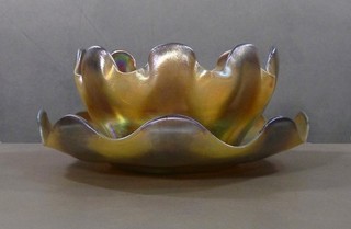 TIFFANY antique GLASS FINGER BOWL w UNDERPLATE Favrile GOLD Iridescent SIGNED