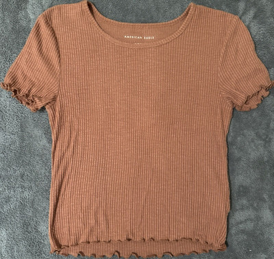 American Eagle Ribbed T-Shirt Brown Lettuce Hem Short Sleeve Women Size XS