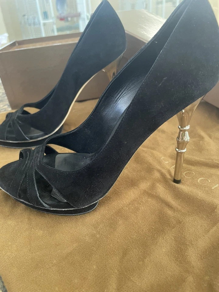 Gucci Women Sexy High Heel Platinum Sz 36.5 Leather Shoe Peep Toe Suede Italian - Image 4 of 4