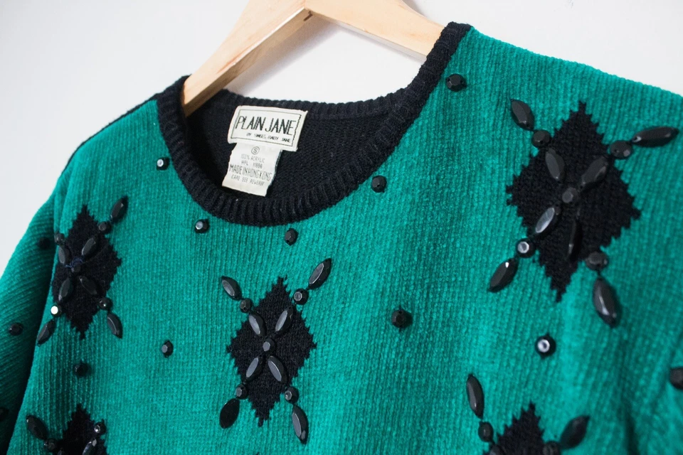 Plain Jane | Vestido Suéter Vintage Años 80’s/90’s Verde azulado y negro con joyas | Talla S Foto 4 de 4