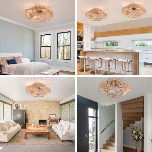 18" Bamboo Caged Ceiling Fan Light Low Profile 6 Speeds Chandelier with Remote  - Bild 4 von 16