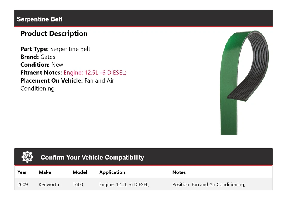 Cinto serpentina Kenworth T660 2009 para ventilador e portões AC - Imagem 2 de 4