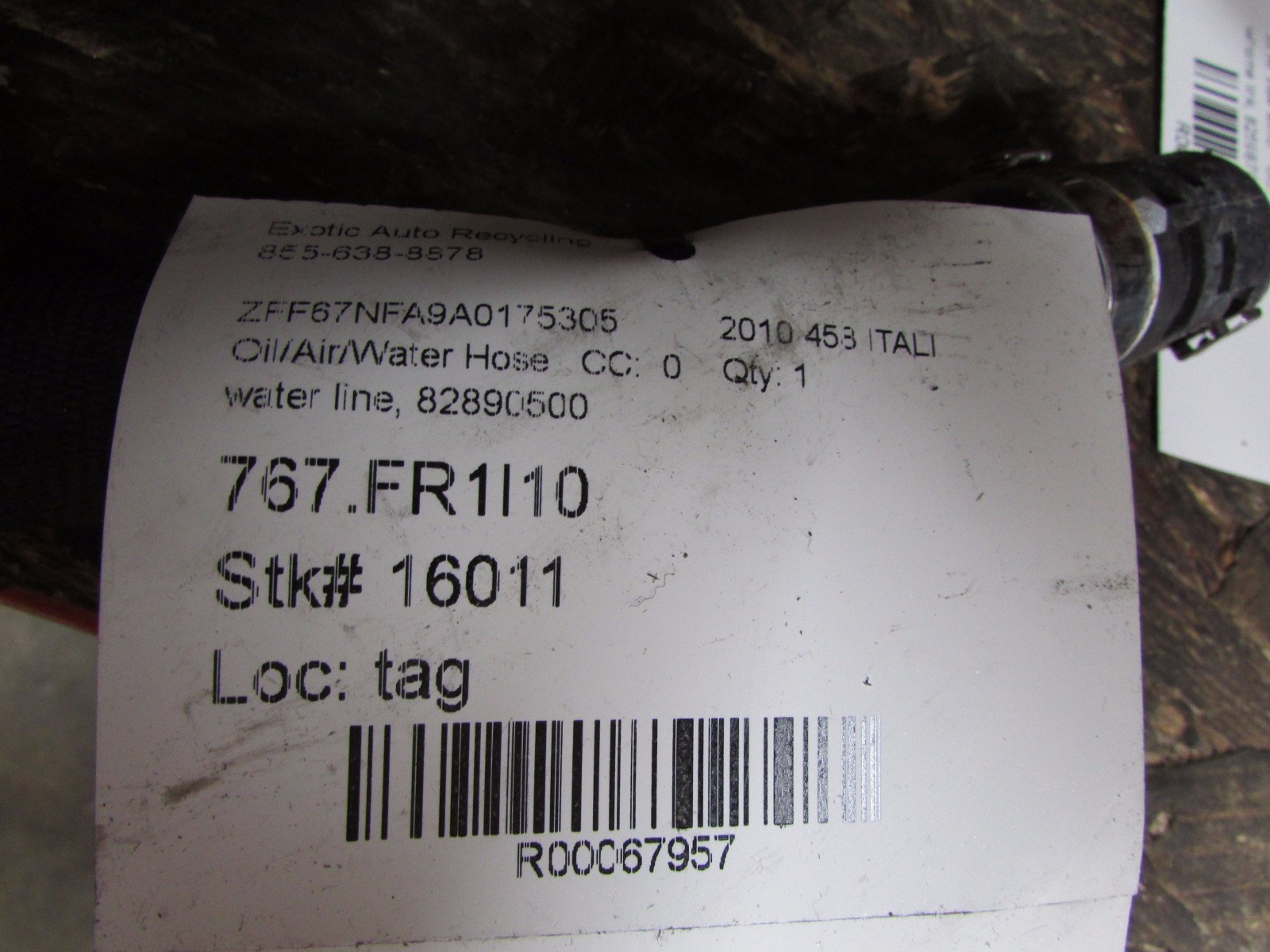 Ferrari 458 Italia, Speciale, Spider, Water Line Hose, Used, P/N 82890500