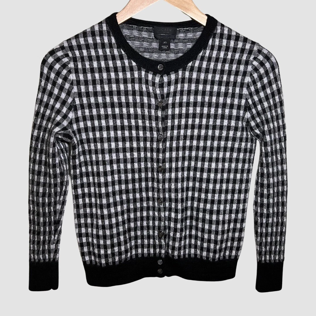 J. Crew Collection Black and White Checkered Cashmere Cardigan XS