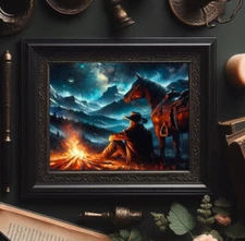 Cowboy sitting next to campfire with horse ,Stars Western  Oil Painting wall art