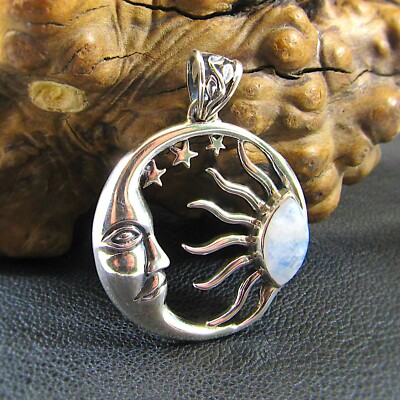 Massiver 925 Sterling Silber Sonne & Mond Anhänger mit Edelstein - Himmelsschmuck