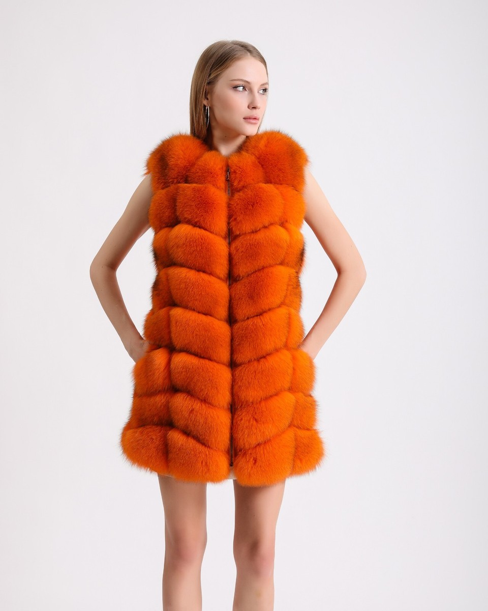 Orange Colour Real Fox Fur Vest Stylish Elegant Luxury - Main Image