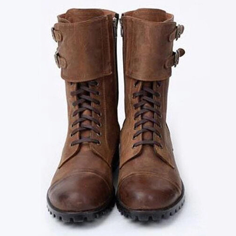 Men's Cowboy Military Punk Comfortable Leather Buckle Combat Mid Calf Army Boots Foto 3 de 4