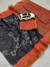 New Linen Cotton Sari With Unstitched Blouse Piece Party Wedding Wear For Women
