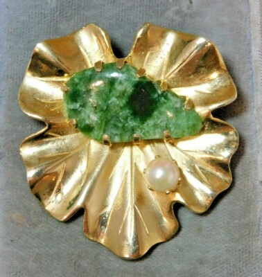 Vintage Texturiertes Goldfarbenes Lotusblatt Jade Stein Perlen Brosche Nadel