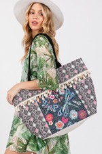 Anthropologie Style Women Boho Pattern Dragonfly Tassel Beach Resort Tote Bag