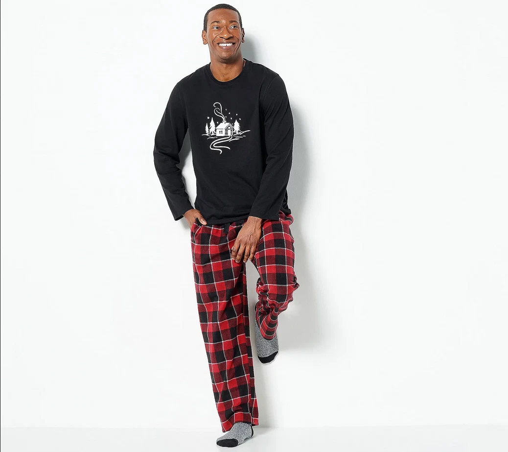 Cuddl Duds Jersey & Microfleece Men's Pajama Set-Black/Red Plaid-Large  A459014