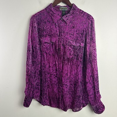 2OH Threads Button Up Top Sz L Silk Blend Velvet Burn-Out Purple. Whimsigoth