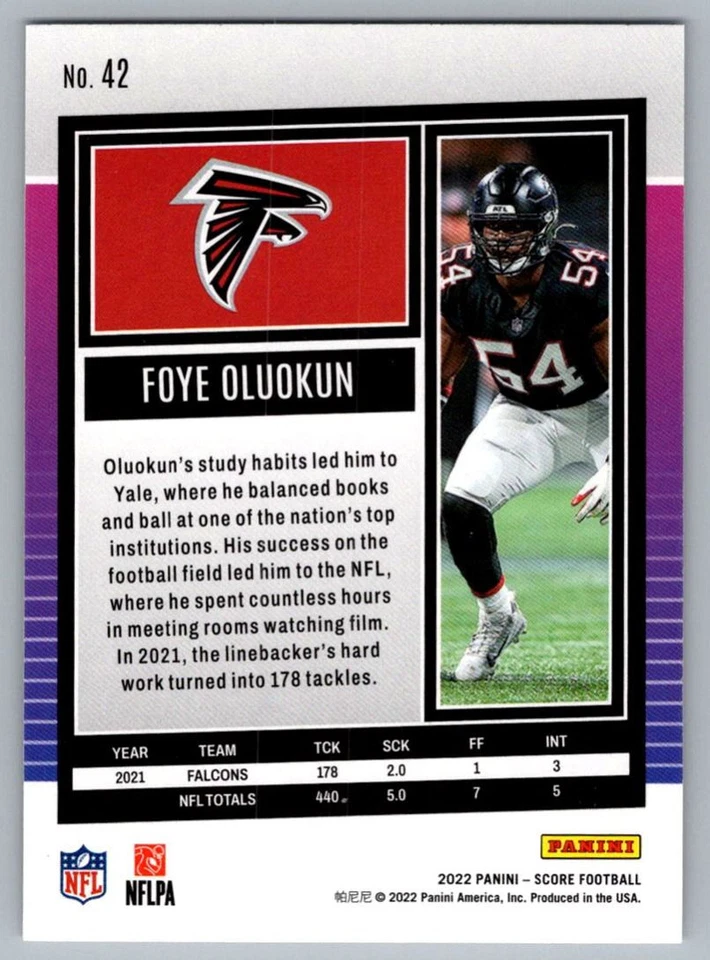 2022 Score Foye Oluokun Atlanta Falcons #42 - Image 2 of 2