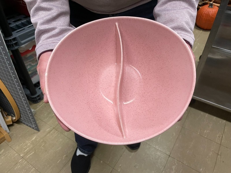 Tickled pink Vernon Ware divided bowl  10 inch MCM Vintage good atomic good