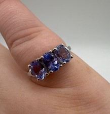 9ct White Gold Genuine Tanzanite Trilogy Ring – TGGC – Size N 1/2 UK Hallmarked