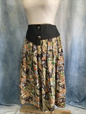 Handmade Vintage Style Pleated Midi Skirt Abstract Print Black Contrast Waist