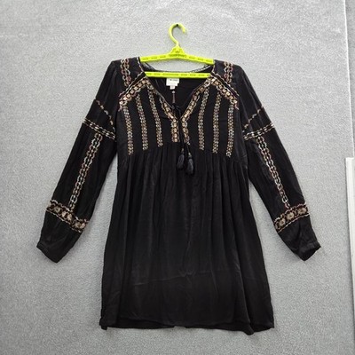 Knox Rose Women Dress M Black Embroidered A-Line Boho Romantic Long Sleeve  | eBay